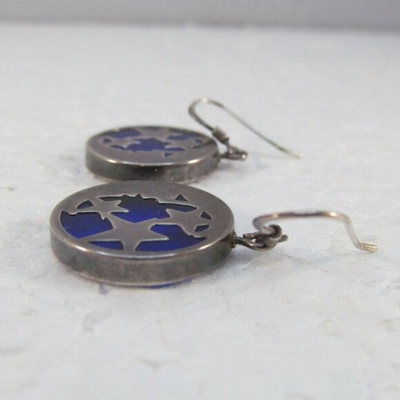 Sterling Silver Celestial Half Moon and Stars Blue Glass Pierced Earrings - Picture 5 of 12